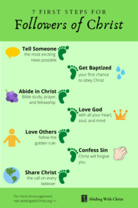 Link to Pinterest pin infographic of 7 first steps for followers of Christ to take after making their decision to follow Christ: They are to tell someone, get baptized, abide in Christ through Bible study, prayer, and fellowship with other believers, love God, love others, confess sin when they stumble, and share Christ with others. 