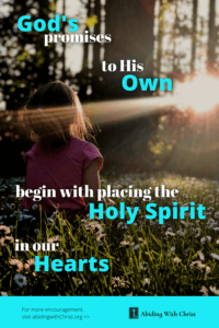 Link to Pinterest pin image of young girl in woods looking at the sunrise with text that reads "God's promises to His own begin with placing the Holy Spirit in our hearts". 