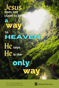 Link to Pinterest pin image of a natural wonder with lush vegetation with text that reads "Jesus does not claim to be a way to Heaven; He says He is the only way". 