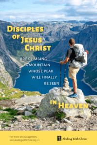 Link to Pinterest pin image of man standing on a rock overlooking a lake within a mountainous valley with text that reads "Disciples of Jesus Christ are climbing a mountain whose peak will finally be seen in Heaven". 