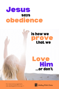 Link to Pinterest pin image of woman with lifted hands on a bright, sunny day with text that reads "Jesus says obedience is how we prove that we love Him, or don't". 