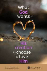 Link to Pinterest pin image of a handcrafted wire heart aflame, with the text "What God wants is His creation to choose to love Him". 