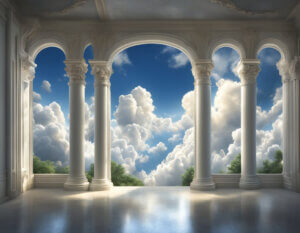 Peering out into the clouds of heaven from inside a large room with white columns reminds us that Jesus says in my Father's house there are many mansions